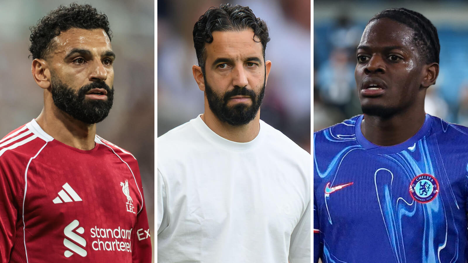 Mo Salah, Ruben Amorim and Castello Lukeba in a Chelsea shirt