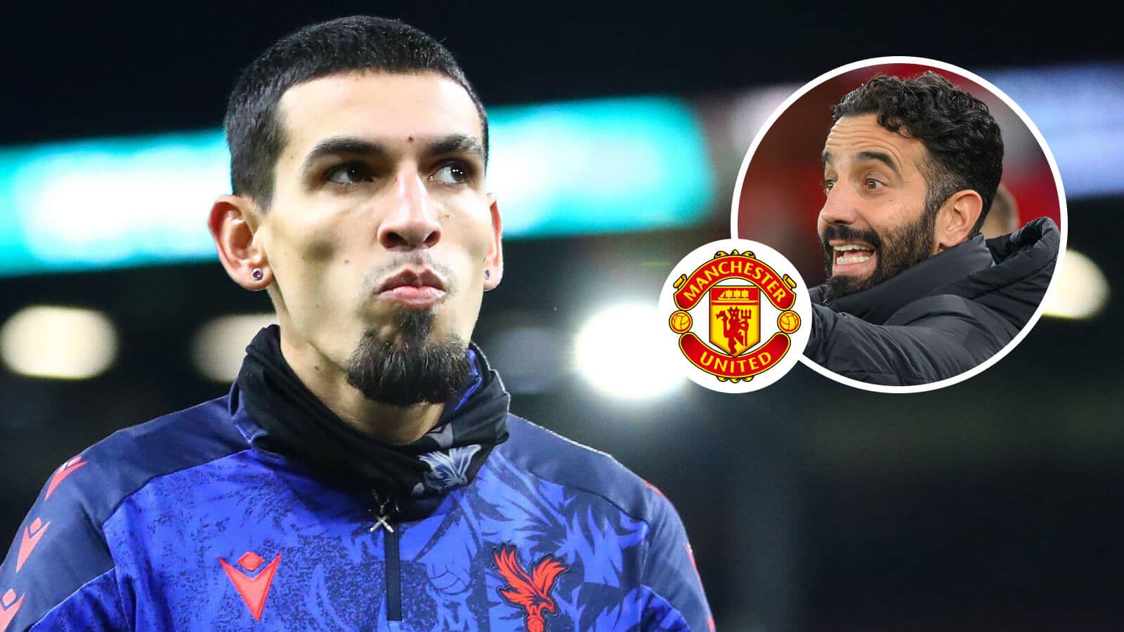 Crystal Palace stat Daniel Munoez, Manchester United badge and Ruben Amorim - copyright TEAMtalk