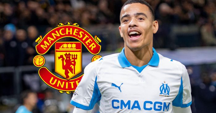 Marseille star Mason Greenwood with a Manchester United badge