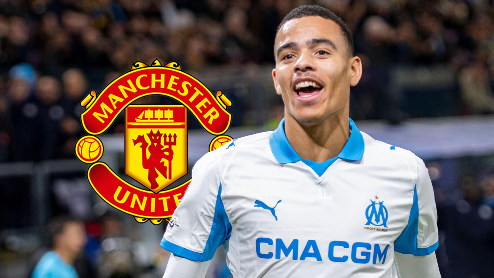 Marseille star Mason Greenwood with a Manchester United badge