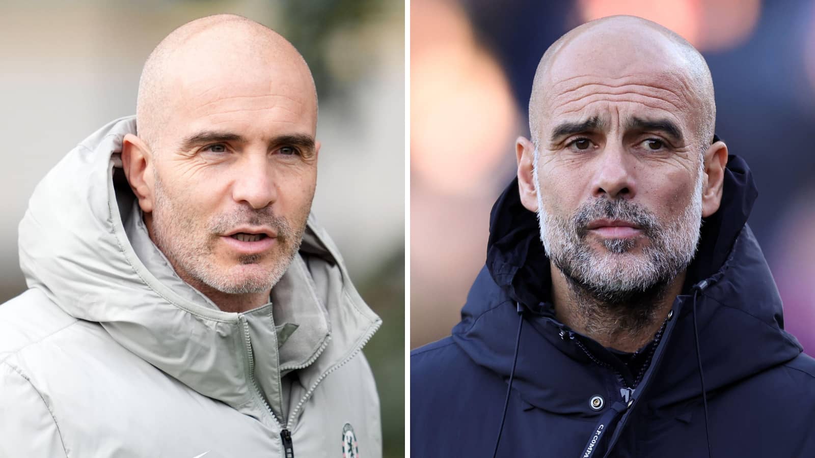 Split image of Enzo Maresca and Manchester city manager Pep Guardiola - copyright TEAMtalk