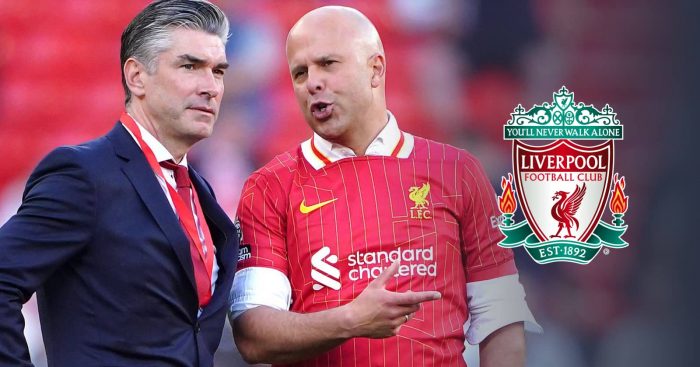 Liverpool duo Richard Hughes and Arne Slot next to the Liverpool badge - copyright TEAMtalk