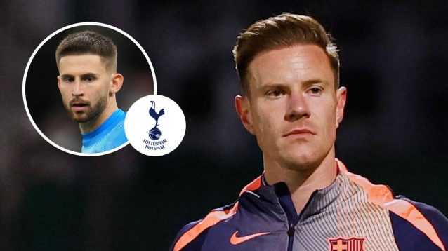 Tottenham Hotspur goalkeeper Guglielmo Vicario, Tottenham Hotspur badge and Barcelona goalkeeper Marc-Andre ter Stegen – copyright TEAMtalk
