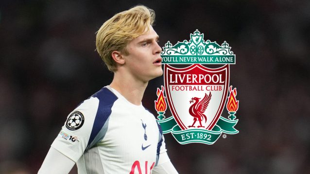 Tottenham midfielder Lucas Bergvall next to the Liverpool badge
