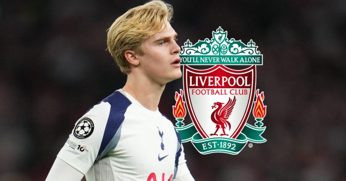 Tottenham midfielder Lucas Bergvall next to the Liverpool badge