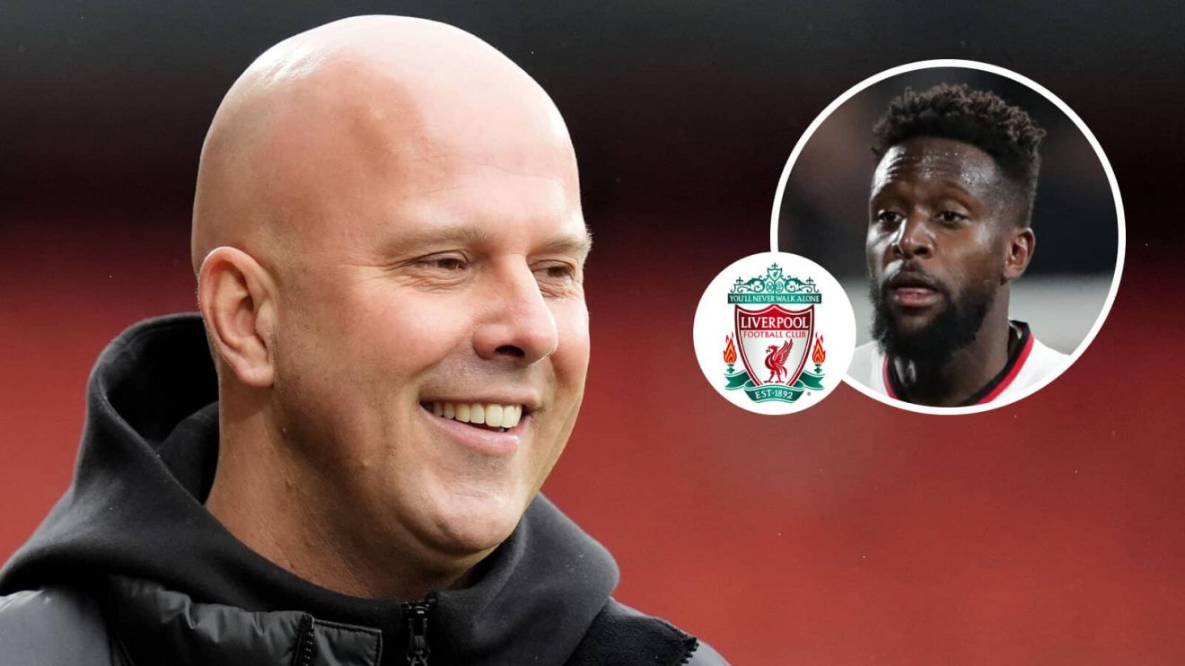Liverpool manager Arne Slot pictured alongside iconic former Reds striker Divock Origi and the Liverpool club crest, inset