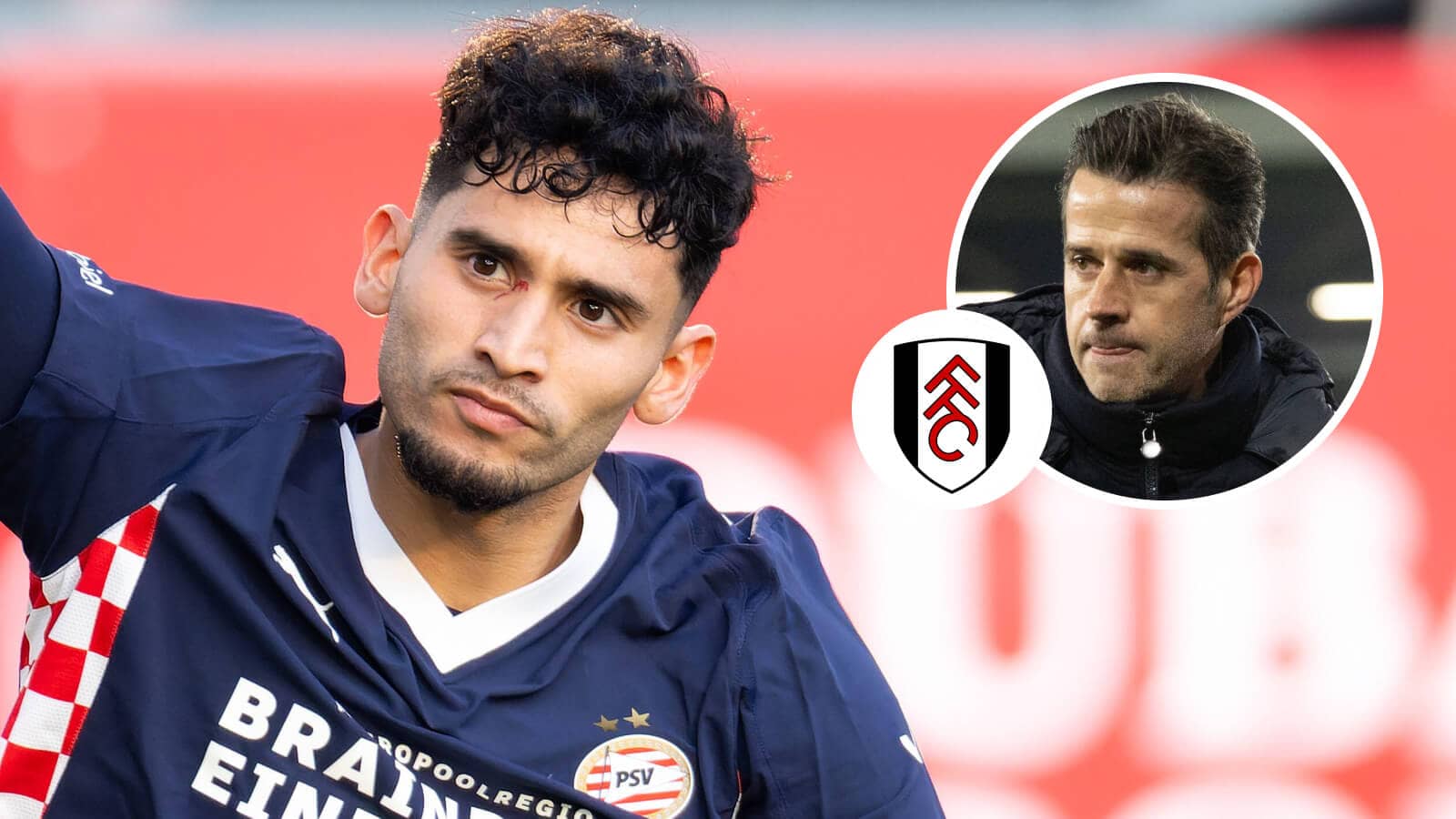 PSV striker Ricardo Pepi, Fulham badge and Marco SIlva - copyright TEAMtalk