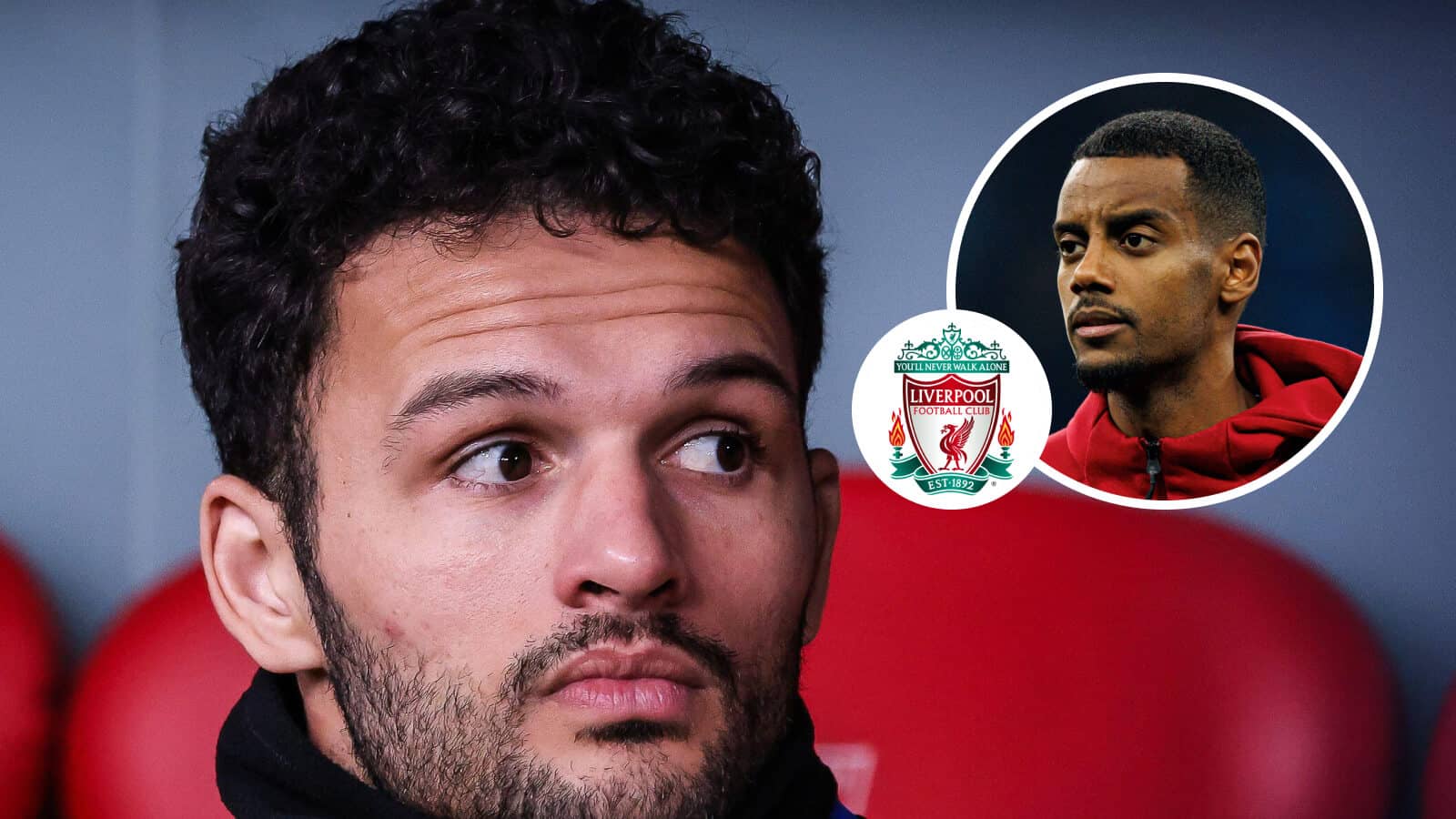 Paris Saint-Germain striker Goncalo Ramos , Liverpool badge and Alexander Isak - copyright TEAMtalk