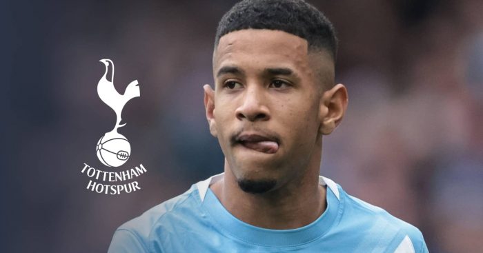Savinho in Manchester City kit, next to a graphic of the Tottenham badge