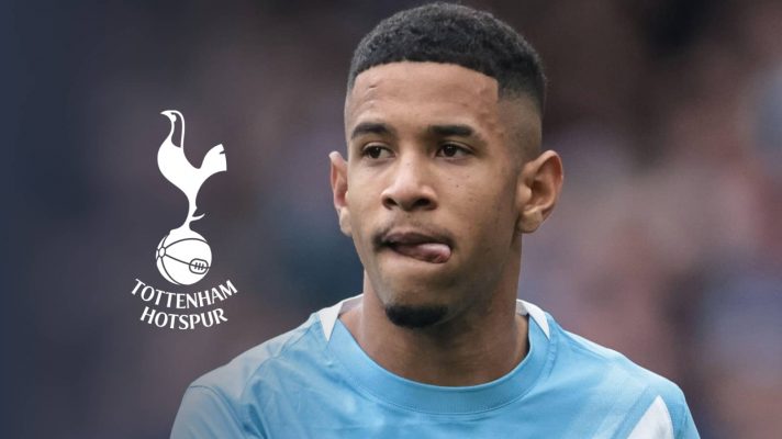 Savinho in Manchester City kit, next to a graphic of the Tottenham badge