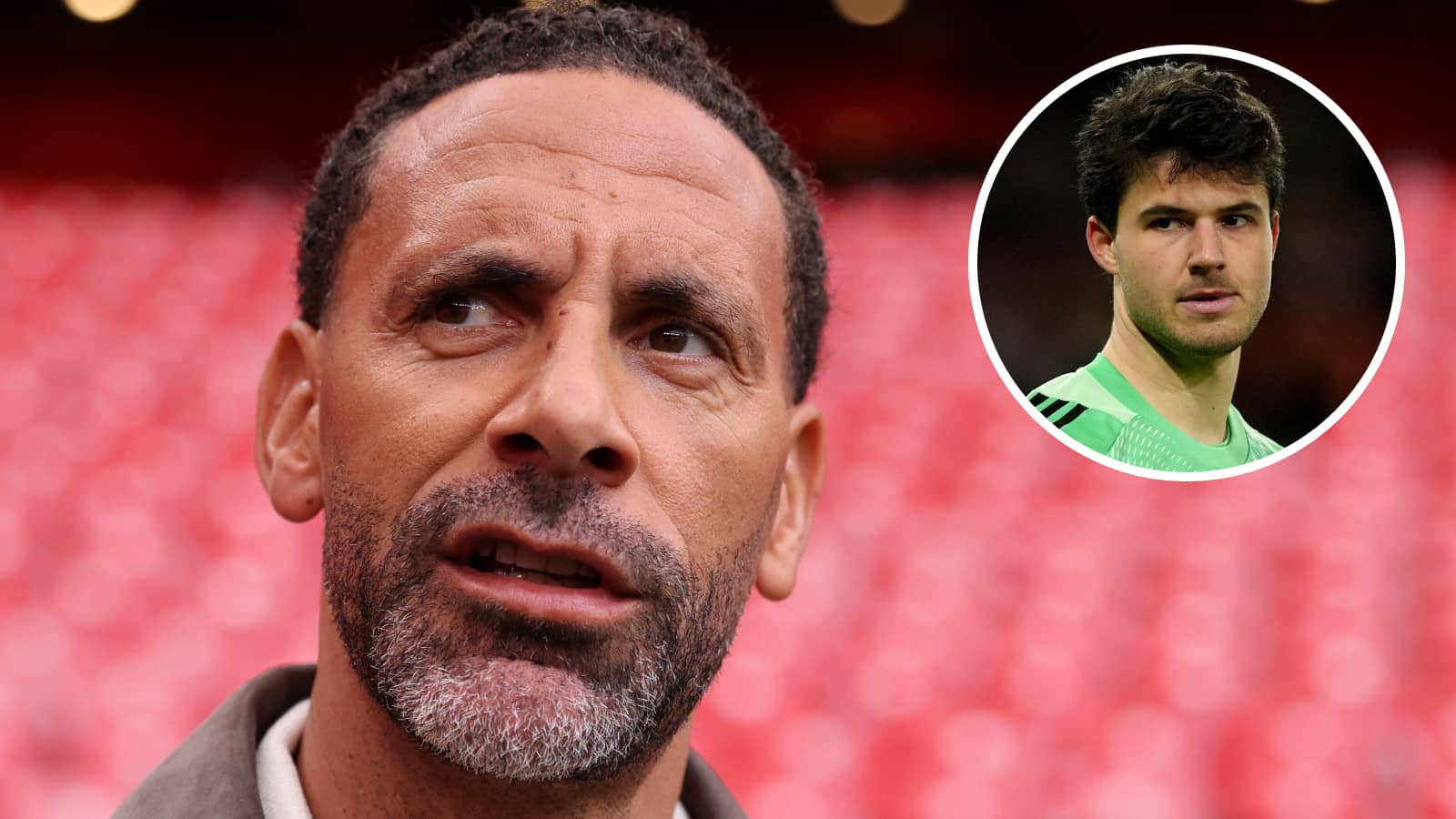 Rio Ferdinand pictured at a football stadium as a pundit, with an image of Senne Lammens playing for Manchester United inset