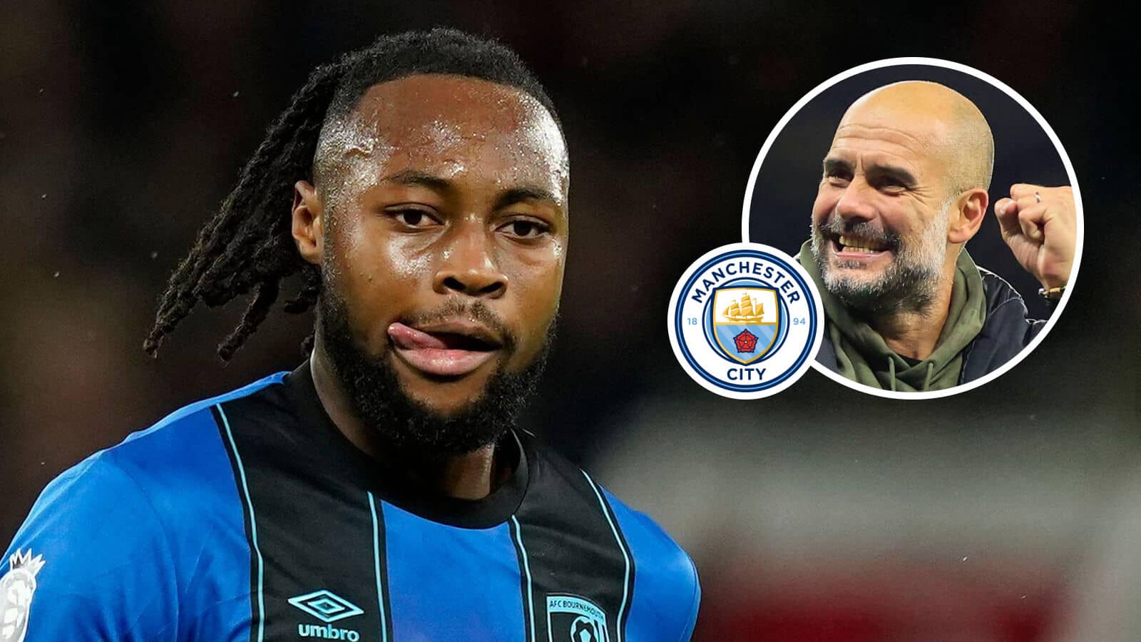 Bournemouth star Antoine Semenyo with Manchester City boss Pep Guardiola next to the Manchester City club crest, inset