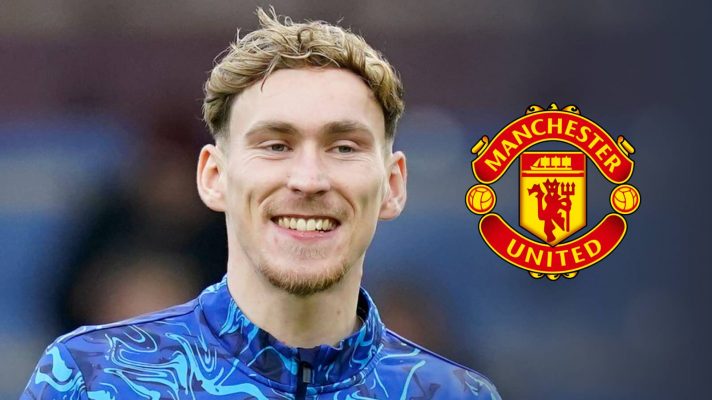 Everton star James Garner alongside a Manchester United badge