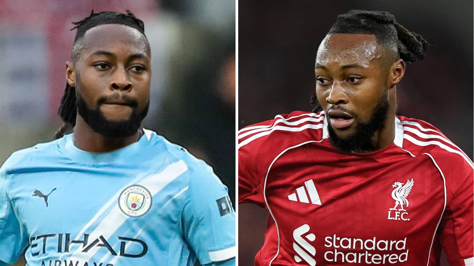 Two pictures of Bournemouth star Antoine Semenyo, one with a Manchester City shirt Photshopped on him and another with the Liverpool shirt Photoshopped on him - image copyright of TEAMtalk