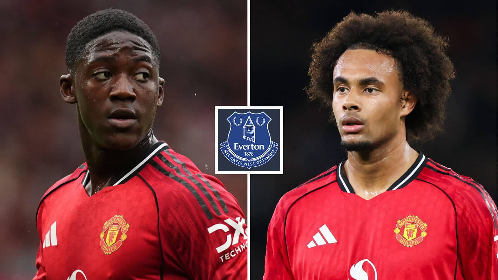 Manchester United pair Kobbie Mainoo and Joshua Zirkzee next to the Everton club crest
