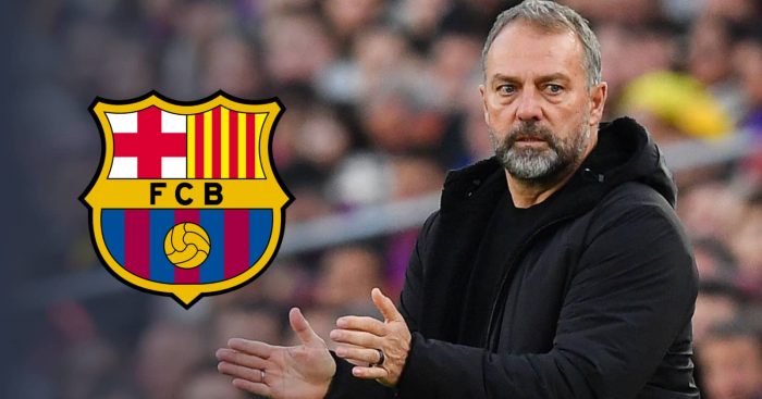 Hansi Flick Barcelona boss with badge