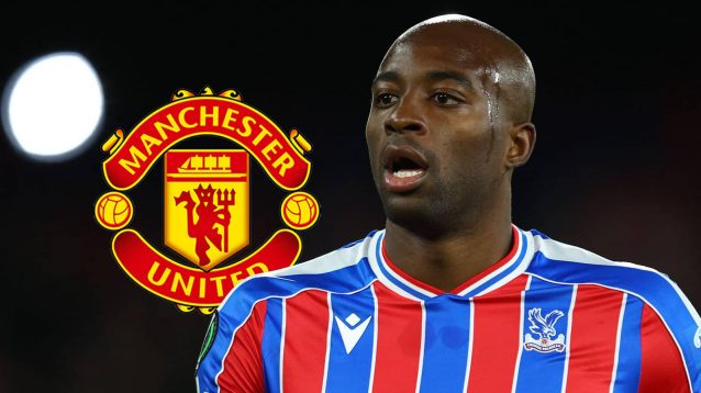 Manchester United badge and Crystal Palace striker Jean-Philippe Mateta - copyright TEAMtalk
