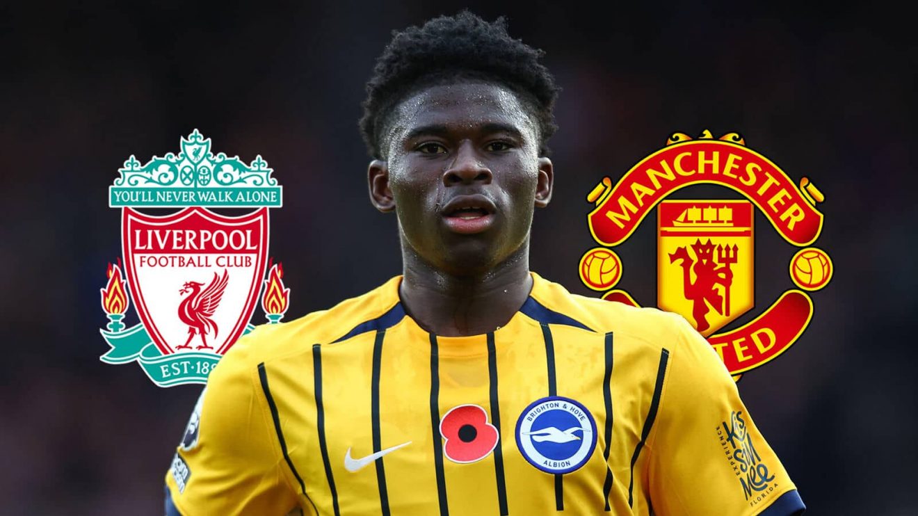 Brighton star Carlos Baleba next to the Liverpool and Manchester United club crests