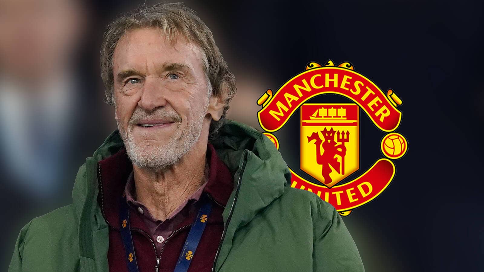 Manchester United co-owner Sir Jim Ratcliffe next to the Manchester United badge - copyright TEAMtalk
