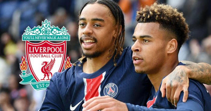 Bradley Barcola and Desire Doue with Liverpool badge