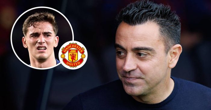 Former Barcelona manager Xavi and current midfield star Gavi, inset, pictured next to the Manchester United club crest