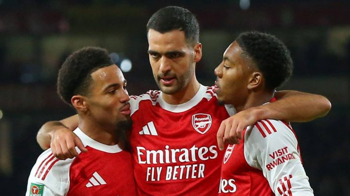 Arsenal stars Ethan Nwaneri, Mikel Merino and Myles Lewis-Skelly celebrating