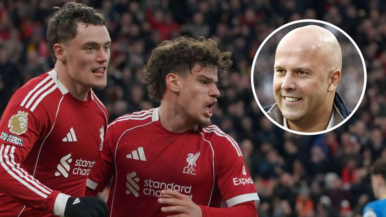 Liverpool stars Florian Wirtz and Milos Kerkez and manager Arne Slot - copyright TEAMtalk