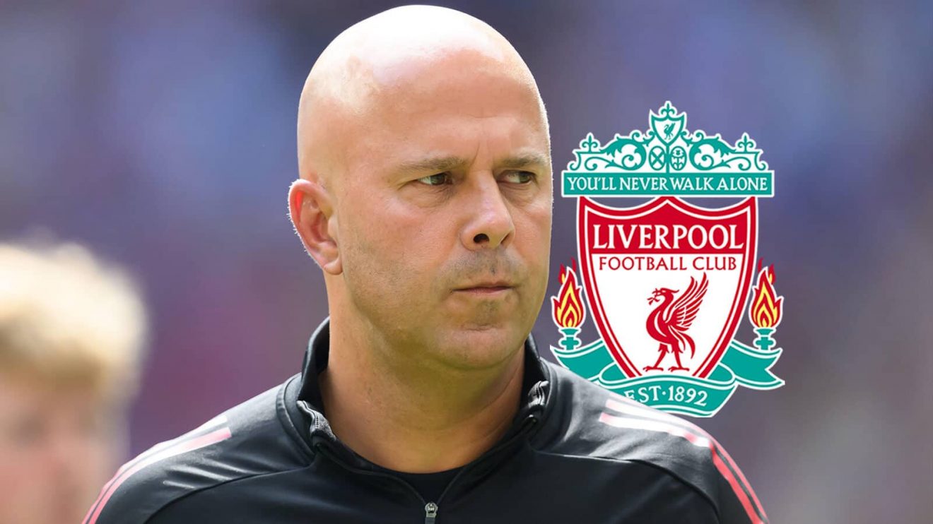 Liverpool manager Arne Slot next to the Liverpool club badge