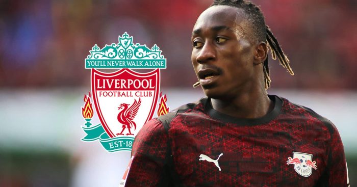 Explosive RB Leipzig winger Yan Diomande next to the Liverpool FC badge