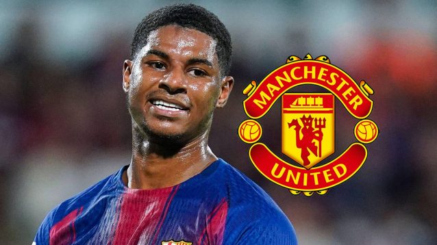 Barcelona forward Marcus Rashford next to the Manchester United badge - copyright TEAMtalk