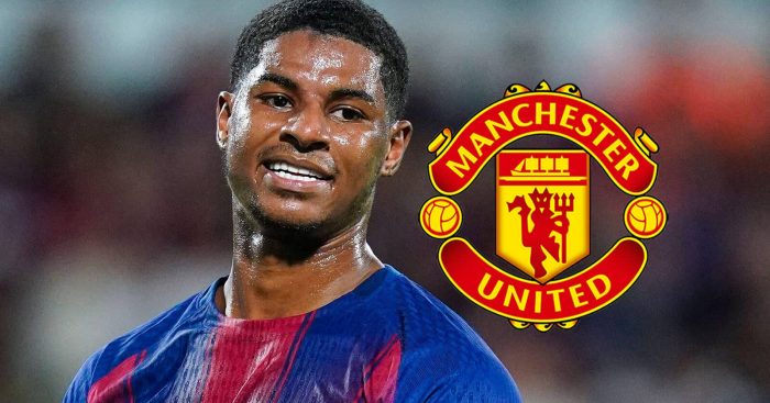 Barcelona forward Marcus Rashford next to the Manchester United badge - copyright TEAMtalk