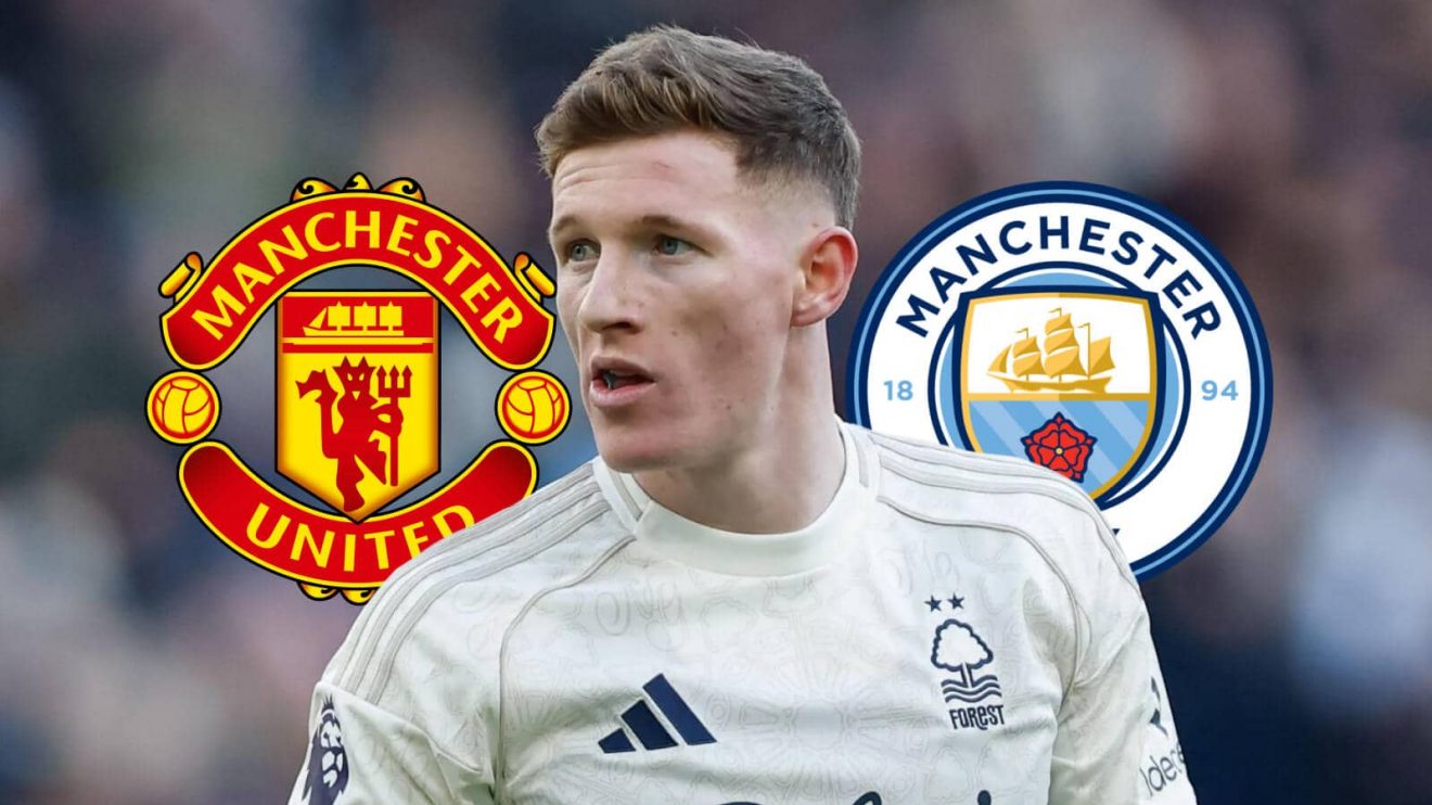 Elliot Anderson with Man Utd and Man City badges