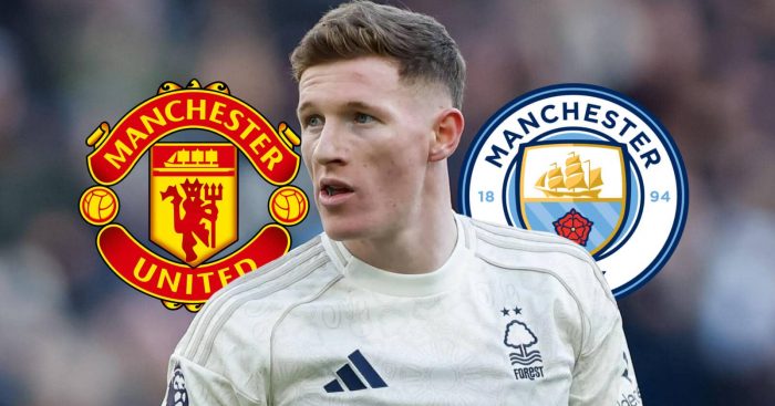 Elliot Anderson with Man Utd and Man City badges