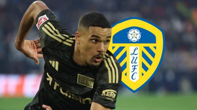Union Berlin defender Danilho Doekhi next to the Leeds United badge