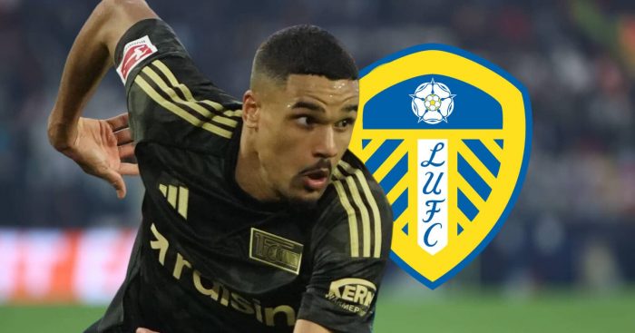 Union Berlin defender Danilho Doekhi next to the Leeds United badge