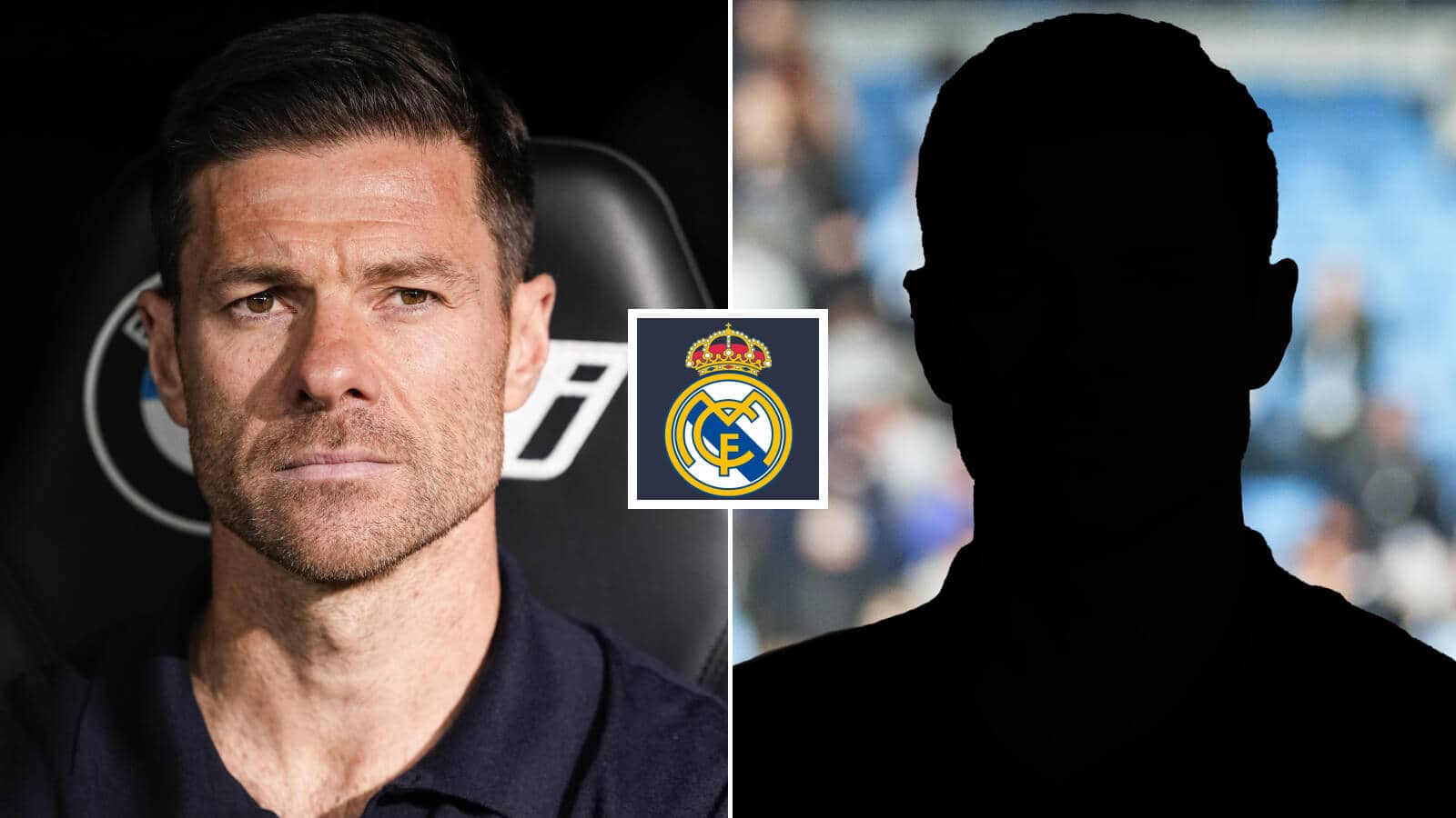 Split image of Real Madrid manager Xabi Alonso and his shadow with the Real Madrid badge in between – copyright TEAMtalk