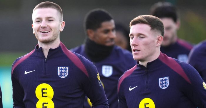 England midfielders Adam Wharton and Elliot Anderson in training