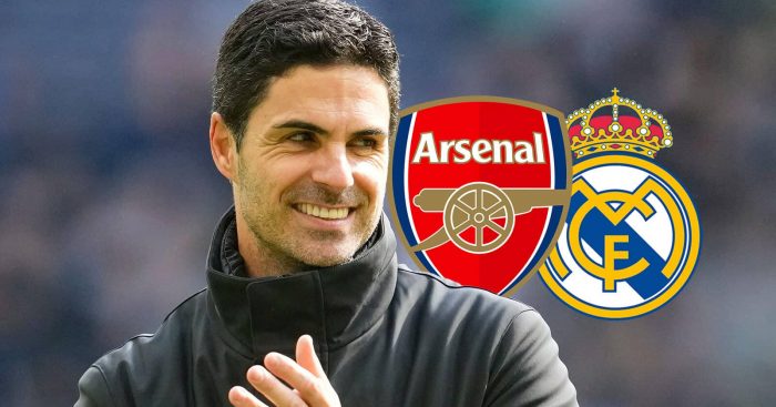 Mikel Arteta alongside Arsenal and Real Madrid badges