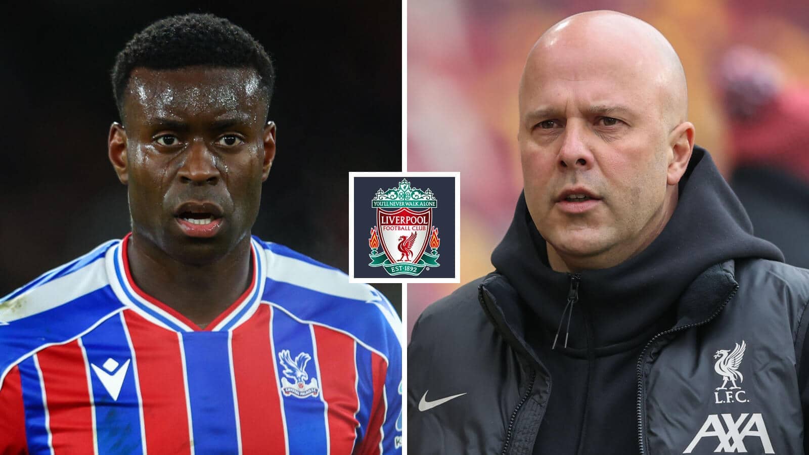 Split image of Crystal Palace defender Marc Guehi and Liverpool manager Arne Slot with the Liverpool badge in between - copyright TEAMtalk