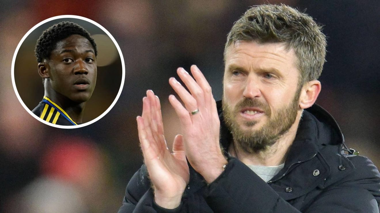 Kobbie Mainoo in a bubble, as an inset to an image of Michael Carrick