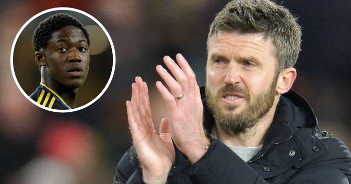 Kobbie Mainoo in a bubble, as an inset to an image of Michael Carrick