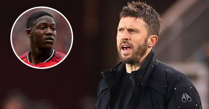 Kobbie Mainoo in a bubble, as an inset to an image of Michael Carrick
