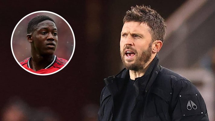 Kobbie Mainoo in a bubble, as an inset to an image of Michael Carrick