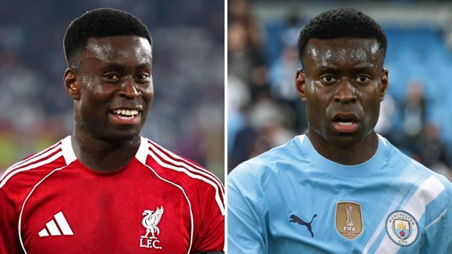 Marc Guehi with a Liverpool shirt Photoshopped on him and with a Manchester City shirt Photoshopped on him too
