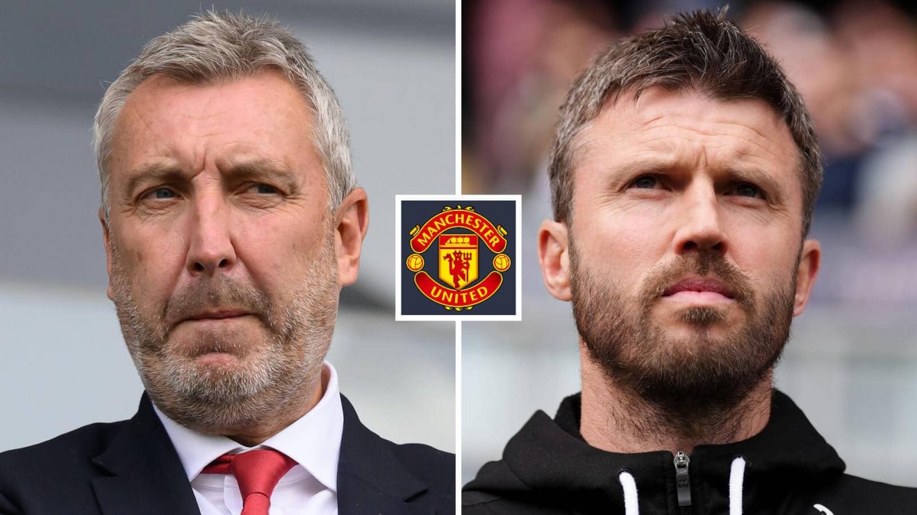 Split image of Man Utd director of football Jason Wilcox and interim manager Michael Carrick with the Man Utd badge in between – copyright TEAMtalk