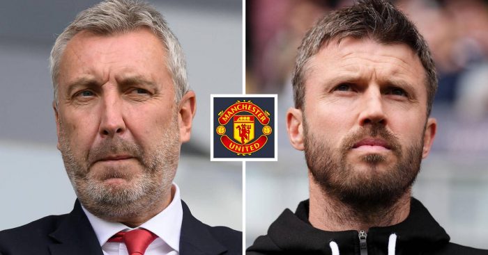Split image of Man Utd director of football Jason Wilcox and interim manager Michael Carrick with the Man Utd badge in between – copyright TEAMtalk