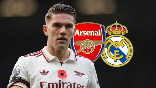 Arsenal striker Viktor Gyokeres next to the badges of Arsenal and Real Madrid