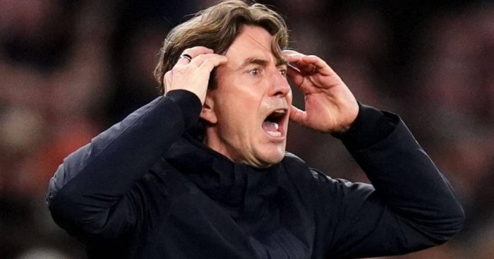 Tottenham manager Thomas Frank with a pained expression