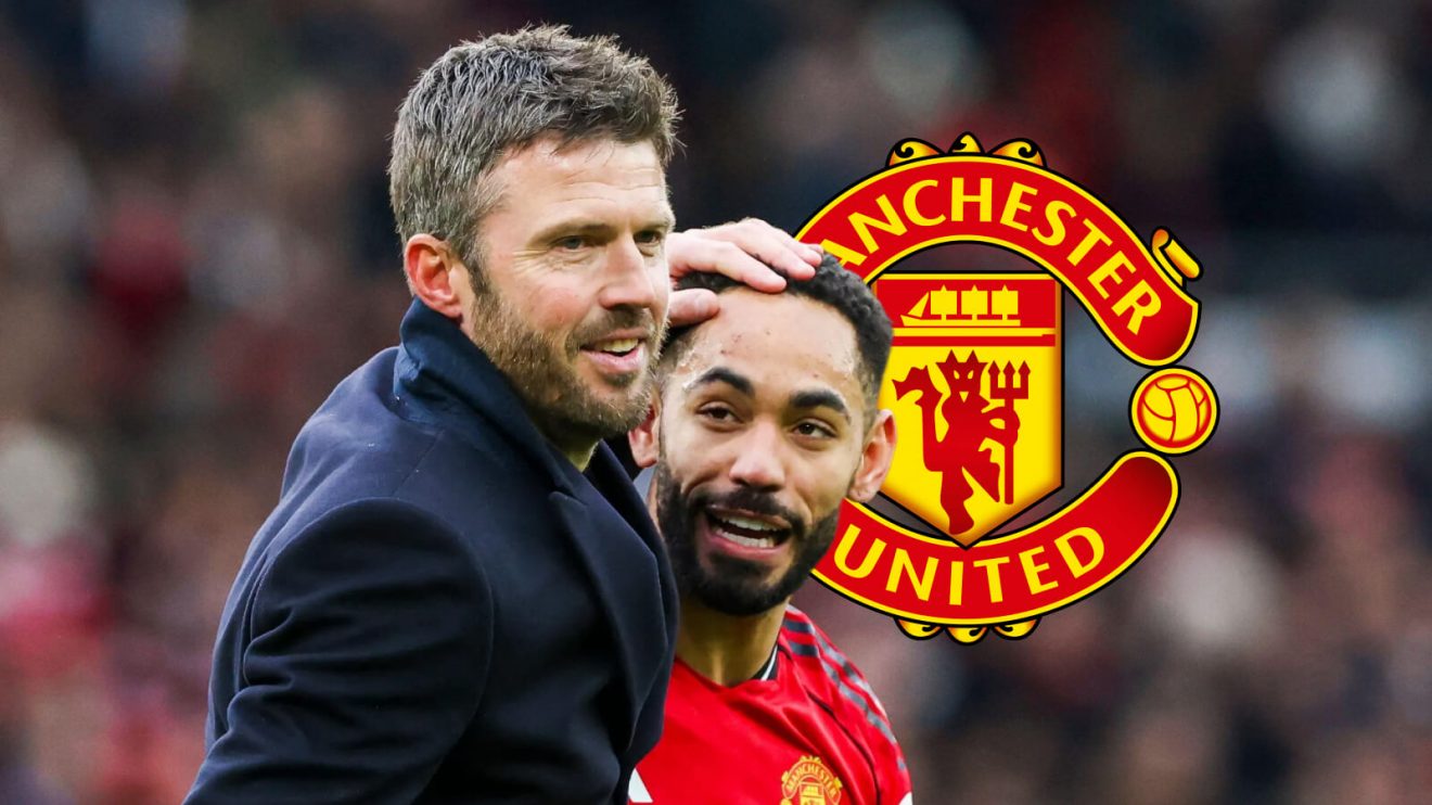 Michael Carrick, pictured here with Matheus Cunha, next to the Manchester United badge