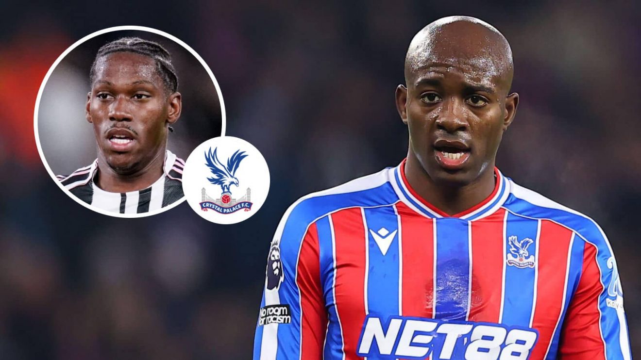 Crystal Palace striker Jean-Philippe Mateta and, inset, Juventus striker Jonathan David next to the Crystal Palace badge